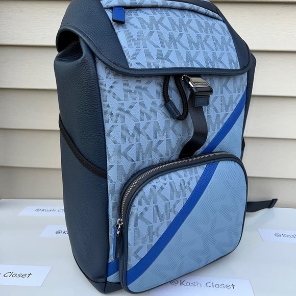 Michael Kors Mens Backpack Cooper Embossed Leather Logo Stripe Backpack Chambray - Picture 2 of 10